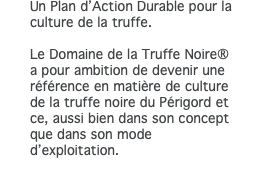 Un Plan d’Action Durable pour la culture de la truffe. Le Domaine de la Truffe Noire® a pour ambition de devenir une référence en matière de culture de la truffe noire du Périgord et ce, aussi bien dans son concept que dans son mode d’exploitation. 